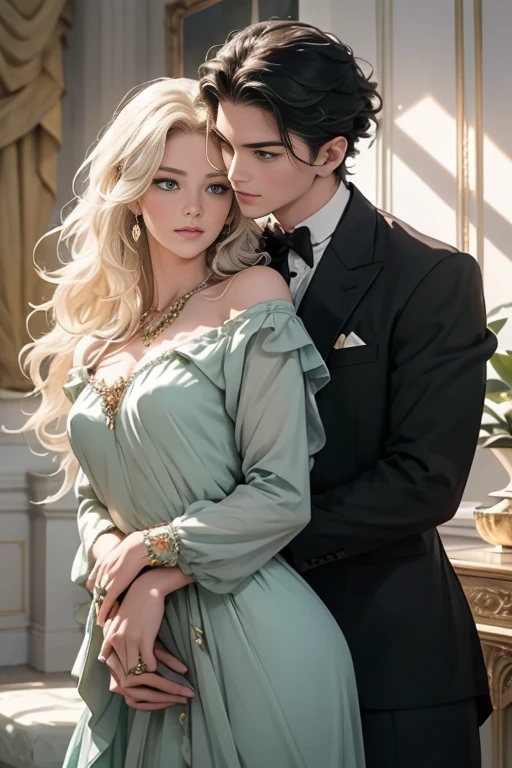 (masterpiece, highest quality, high resolution, 8k, difficulty: 1.2) photorealistic book cover in the genre of epic romantic fantasy, in the center of which a COUPLE (a man and a woman) is depicted. Spring romantic fantasy in the center stands a handsome, tall, statuesque, courageous young blond man with long white hair, green eyes, dressed in an antique black military uniform and golden armor, he hugs from behind a beautiful, incredibly beautiful young femme fatale with long curly aquamarine hair, aquamarine eyes, she is a princess. proportional, delicate, shimmering, beautiful faces, daytime bokeh, fairy tale fairy, mysterious, bright spring color scheme, (Best quality, 8K, high resolution, Masterpiece: 1.2), Over-detailed (Realistic, Photorealistic, photorealistic-realistic: 1.37), Artistic decoration in a creative style, Historical, classic, sophistication, multicolor, high detail, soft lighting, luxurious furnishings, dress with details, bright flowers, exquisite jewelry, Unearthly atmosphere, Elegant pose, Graceful curves, Loose hair, Breathtaking patterns on textiles, Delicate floral decor, Dazzling set of crystal accessories, mysterious and dreamy atmosphere, impeccable attention to detail. expressive eyes, beautiful face. aquamarine hair, aquamarine eyes,