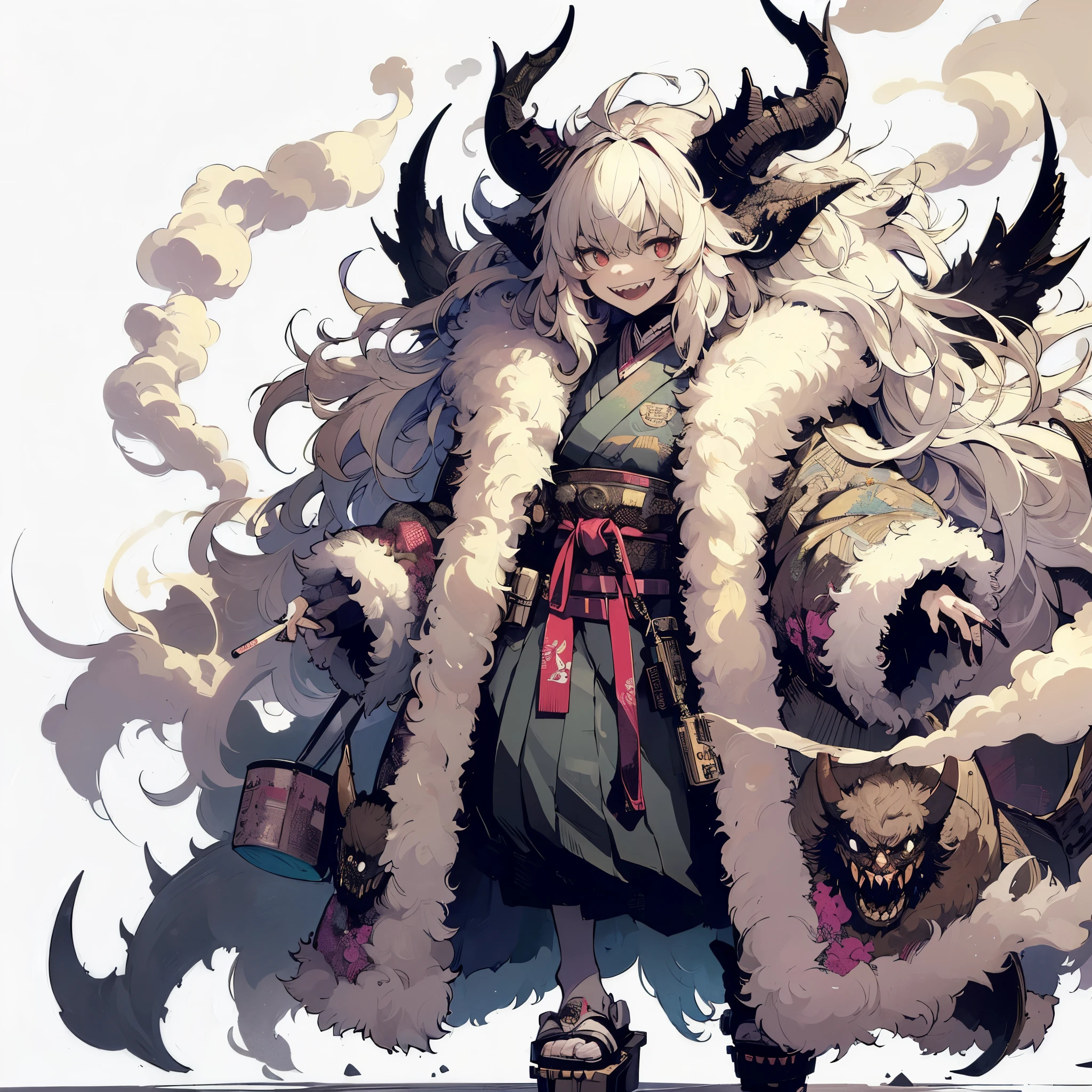 
(Masterpiece, Top Quality), (Fine Hair), Ultra-Detailed, Anime Style, Solo, Full Length, Concept Art, cute cyberpunk beasty lady, massive, SMILING-JAGGED-TEETH, WHITE SHAGGY HAIR. wearing fur coat and cyber- KIMONO. smokes. cyber horned, wearing iron clogs, White background, standing full length, standing on wasted earth,
