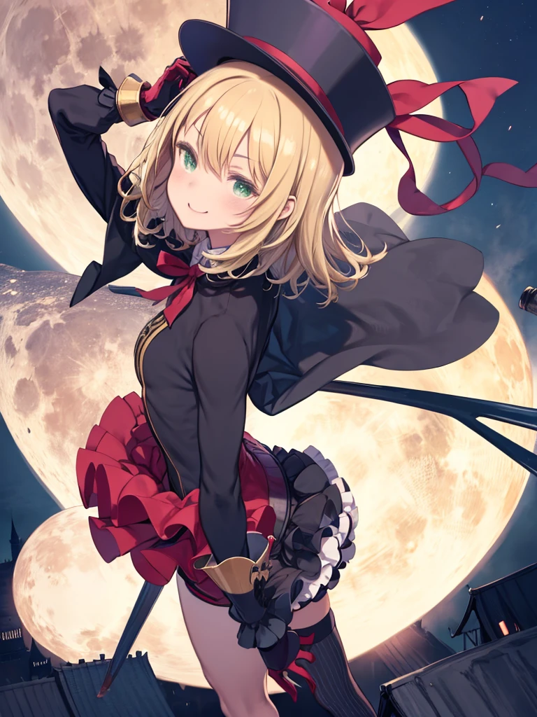 Girl wearing a top hat、full moon、On the roof、Blonde、Medium Hair、leotard、Cape、A big red ribbon on the back、Frilled Skirt、Thief、Green Eyes、laughing、Vibrant、pose、Red gloves、Black Costume、Shorts、Angle from above、Overlooking a medieval European town、Midnight、