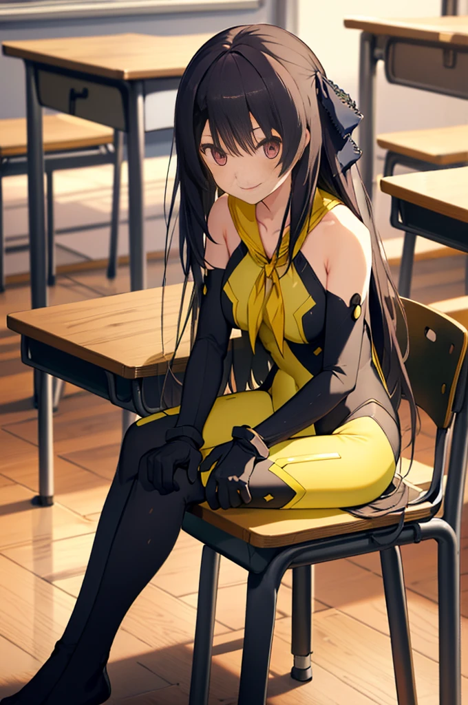 (full body),masterpiece, highest quality, High resolution, 体に張り付く全身Bodysuits，misakiao, One Girl, alone, Hair Ribbon, Bodysuits, gloves, Removable sleeves, Wide sleeves, One Girl, alone, Cowboy Shot,Sitting in a chair, classroom,  Place your hands on the table,sit，smile, Place your elbows on the desk，