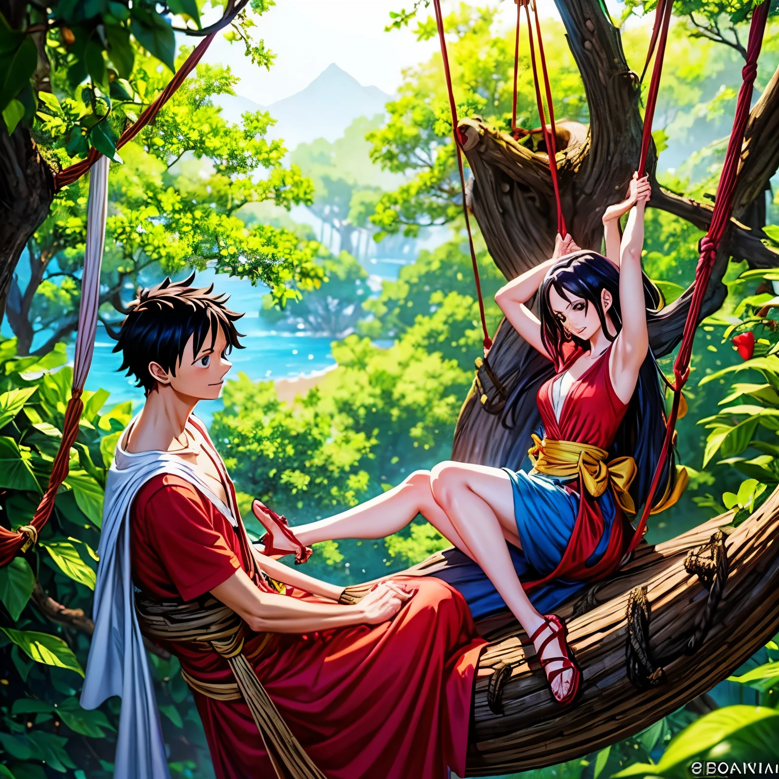 a woman Boa Hancock sitting on a swing next to a man Monkey D Luffy , swing on a tree, by a, swinging on a vine over a chasm, photoshoot, couples portrait, jovana rikalo, hanging from a tree, in a tree, on a tree, sitting on a tree, Onepiece