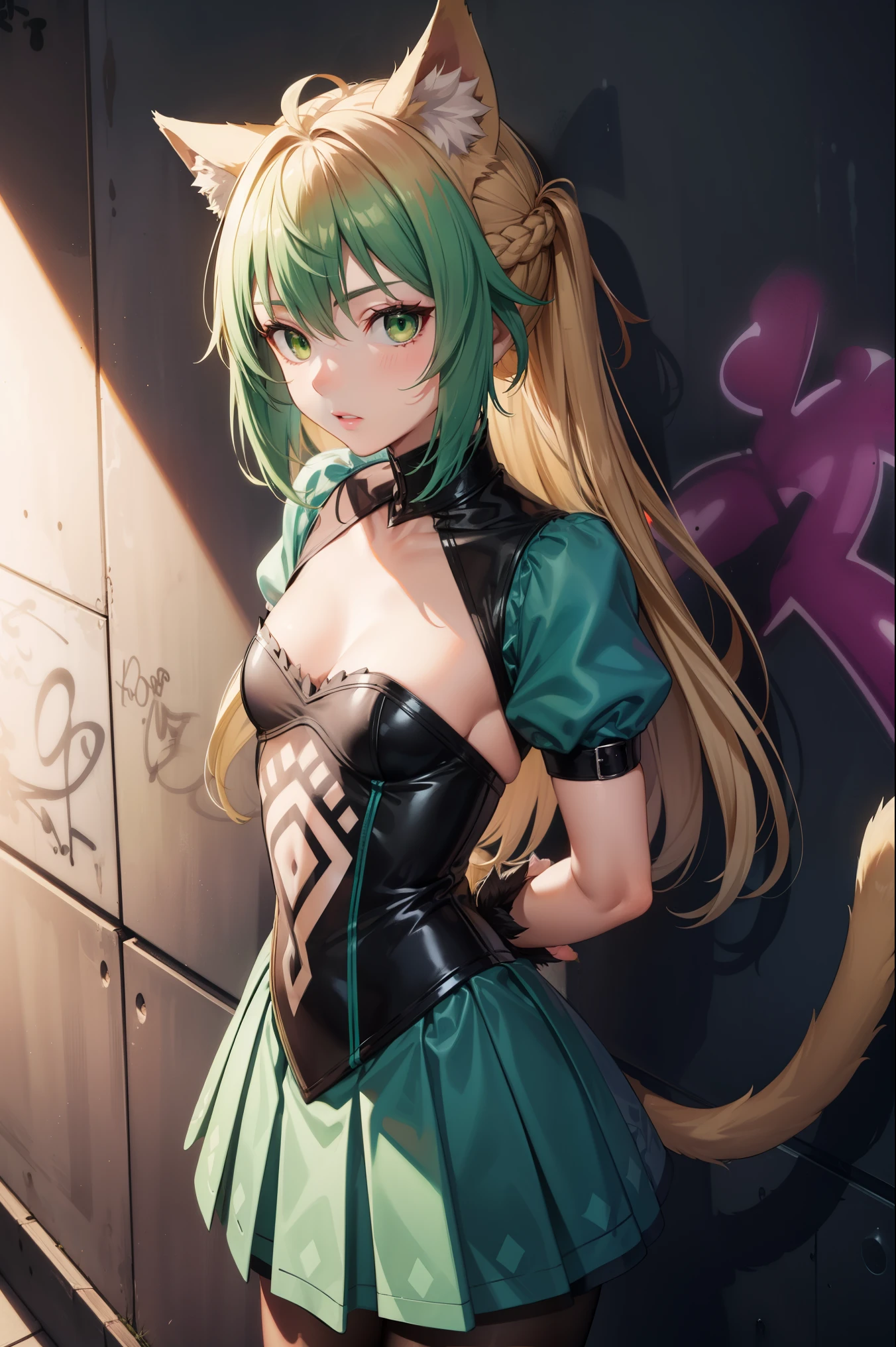 atalanta, atalanta, animal ears, blonde hair, cat ears, cat girl, cat tail, (green eyes:1.5), green hair, hair between eyes, long hair, multicolored hair, tail, (small breast:1.2),
BREAK black gloves, gloves, skirt, dress, green dress, short sleeves, puffy sleeves, juliet sleeves, short skirt, green skirt,
BREAK (Graffiti:1.5), Splash with purple lightning pattern, arm behind back, against wall, View viewers from the front, bored,
BREAK outdoors,
BREAK (masterpiece:1.2), best quality, high resolution, unity 8k wallpaper, (illustration:0.8), (beautiful detailed eyes:1.6), extremely detailed face, perfect lighting, extremely detailed CG, (perfect hands, perfect anatomy),