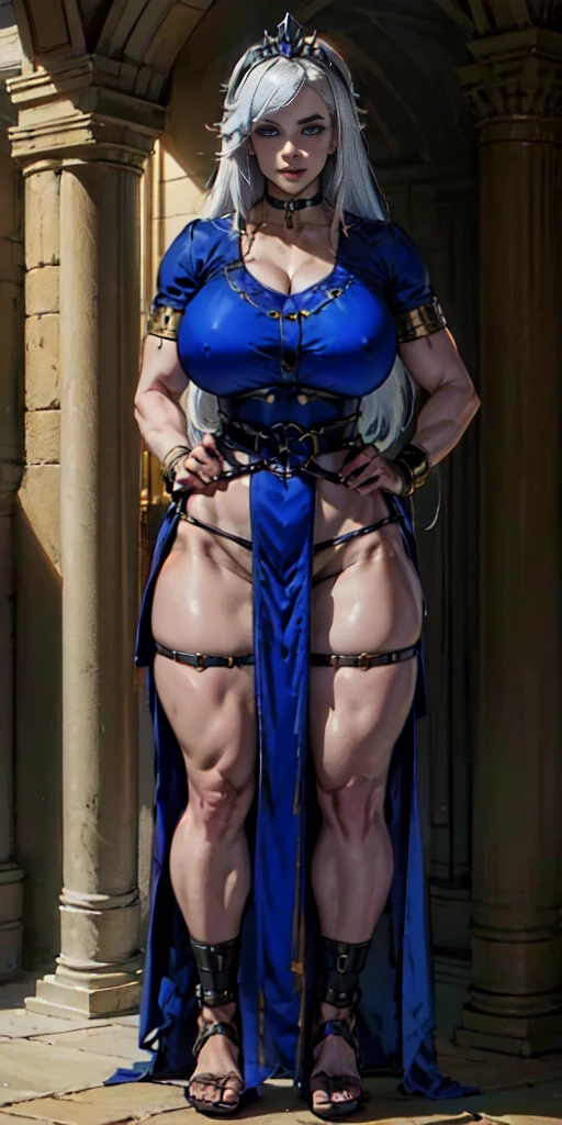 full body, whole body. loincloth standing, hands on hips full body, 1solo (girl). slave fighter, metal sandals, choker, big belt, view from below, feet together, bracers, tiara