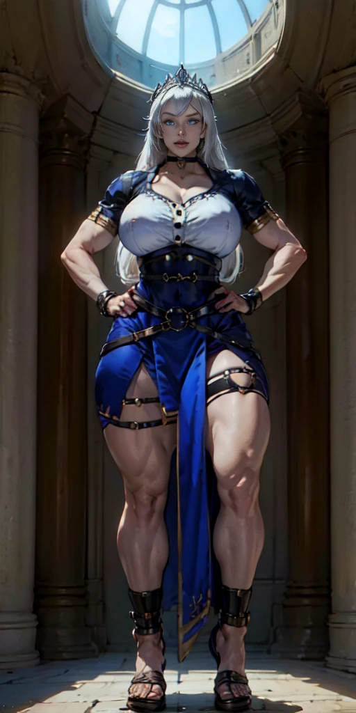 full body, whole body. loincloth standing, hands on hips full body, 1solo (girl). slave fighter, metal sandals, choker, big belt, view from below, feet together, bracers, tiara