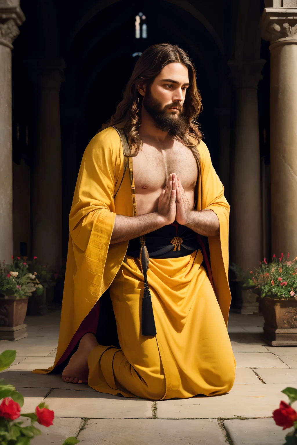 Photo of a pious Jesus, raw, (Historical figure), (Beard:1.2, realistic), (Long hair:1.2, disheveled), (Pale skin:1.1), (Kneeling:1.2, Praying:1.5), (Gethsemane Garden:1.2), (Hyper-detailed:1.4), (Realistic:1.3), (Realism:1.3), (Photorealism:1.4), (High Contrast:1.3), photorealistic digital art, Detailed, ( hyperdetailed skin texture:1.38), (ultra high resolution