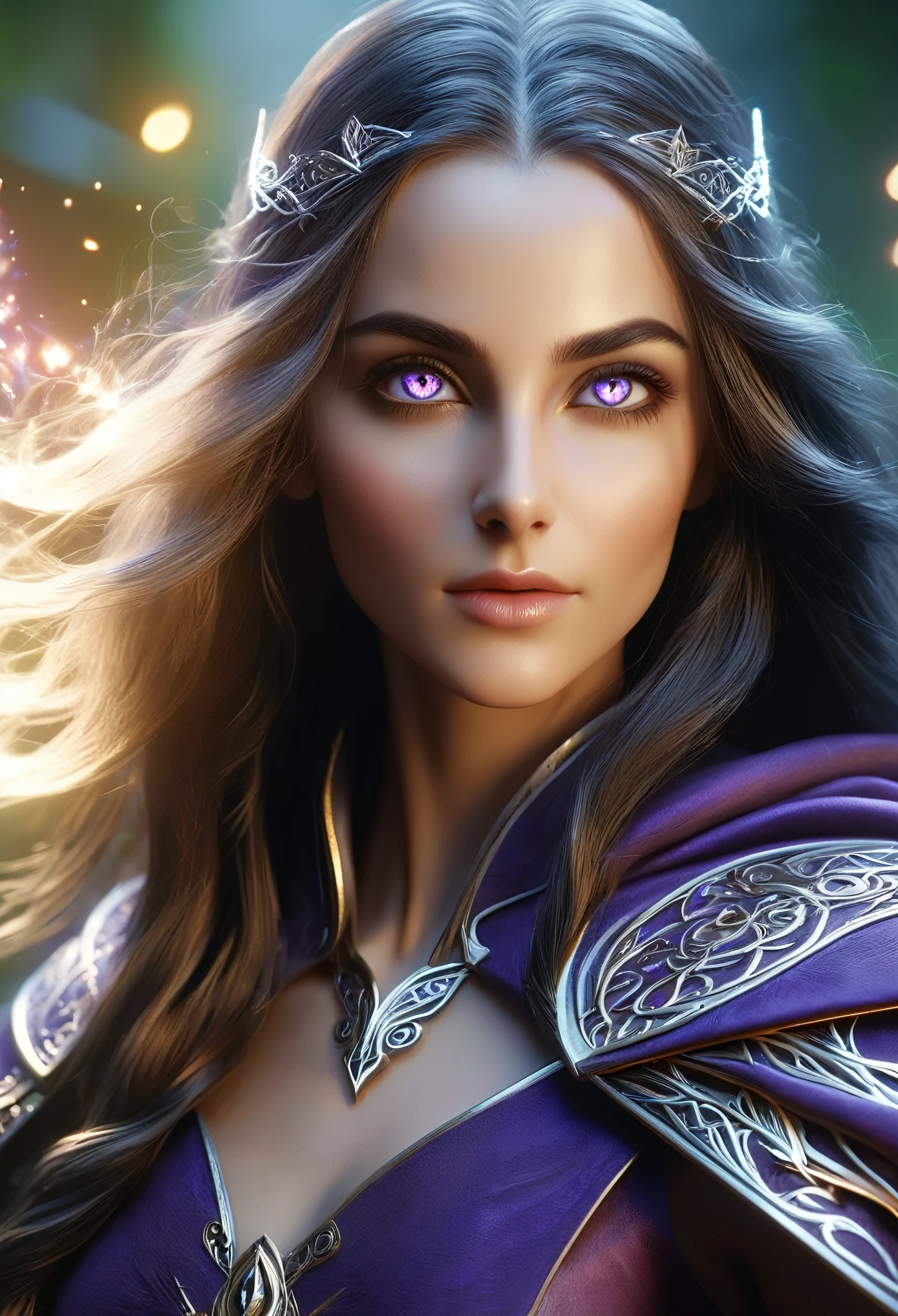 (best quality,4k,8k,highres,masterpiece:1.2),ultra-detailed,(realistic,photorealistic,photo-realistic:1.37), a beautiful young female dark elf mage with long flowing hair, elegant robes, and a mystical aura, (intricate magical effects:1.4), (glowing magical energy:1.5), detailed fantasy landscape with towering mountains, lush forests, and magical ruins, cinematic lighting, dramatic camera angles, (best quality,4k,8k,highres,masterpiece:1.2),ultra-detailed,(realistic,photorealistic,photo-realistic:1.37),fantasy, magic, highly detailed magical girl beautiful detailed eyes, beautiful detailed lips, extremely detailed eyes and face, long eyelashes, dramatic lighting, cinematic composition, dynamic pose, stunning colors, digital painting, beautiful purple eyes, magic wand, toned beautiful thighs, symmetrical face