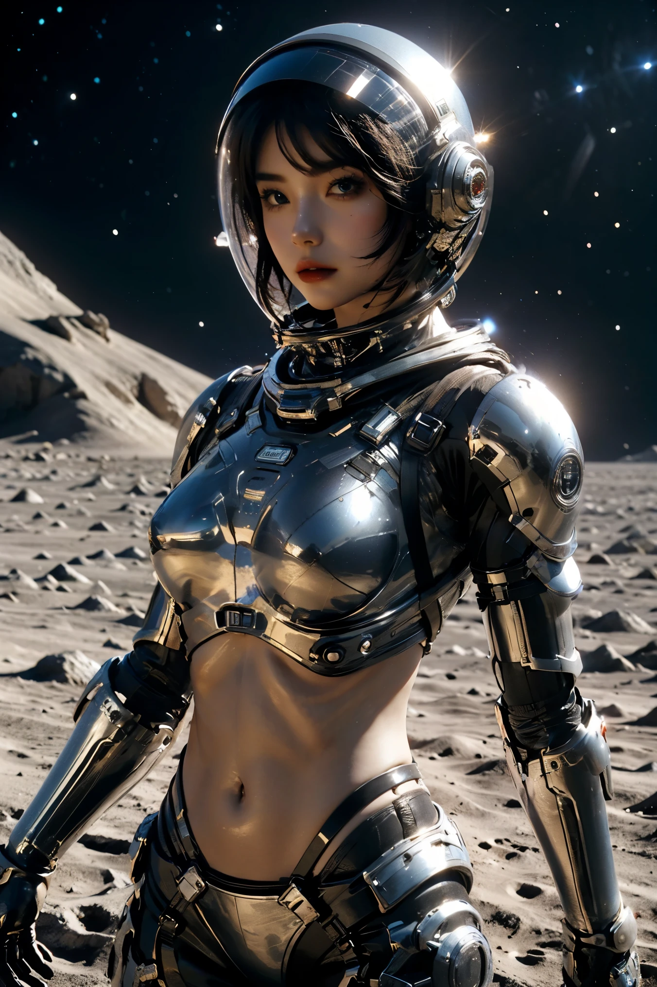 a girl in spacesuit, fully exposed midriff, bare waist,cowboy-shot, in outer space, desolate alien planet, transparen space-helmet,Transparent full-face helmet ,((bikini top)),((metal Bikini armor)), sexy exposed midriff, full metallic armor, bare midriff and waist, open abdomen, fully exposed abdomen, cowboy-shot, realistic, photorealistic, high quality, 8k, extremely detailed, masterpiece, dynamic pose, dramatic lighting, cinematic, sci-fi, futuristic, vibrant colors