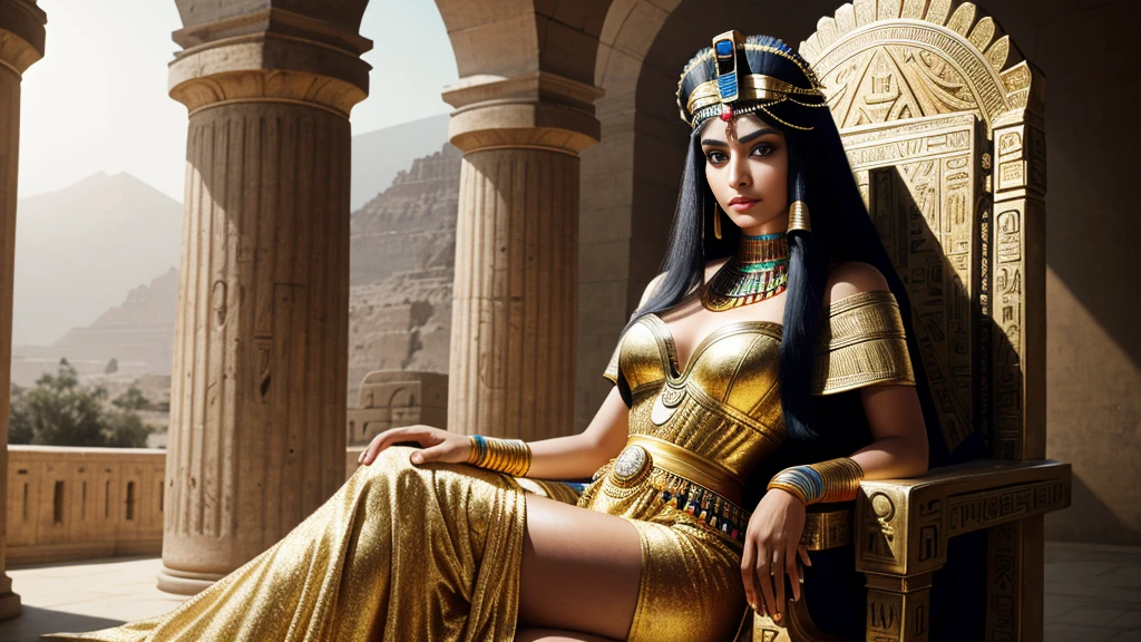 portrait photography, cleopatra,beautiful looking out of camera with(egyptian dress), super realistic face, eyes visible through hair, proper eye position, natural skin, soft light, rim light, body,sitting on a throne,(full body), sexy,on a hill, detailed background, intricate, high detail, octane render, HD, 8k, by Annie Leibovitz, 120mm