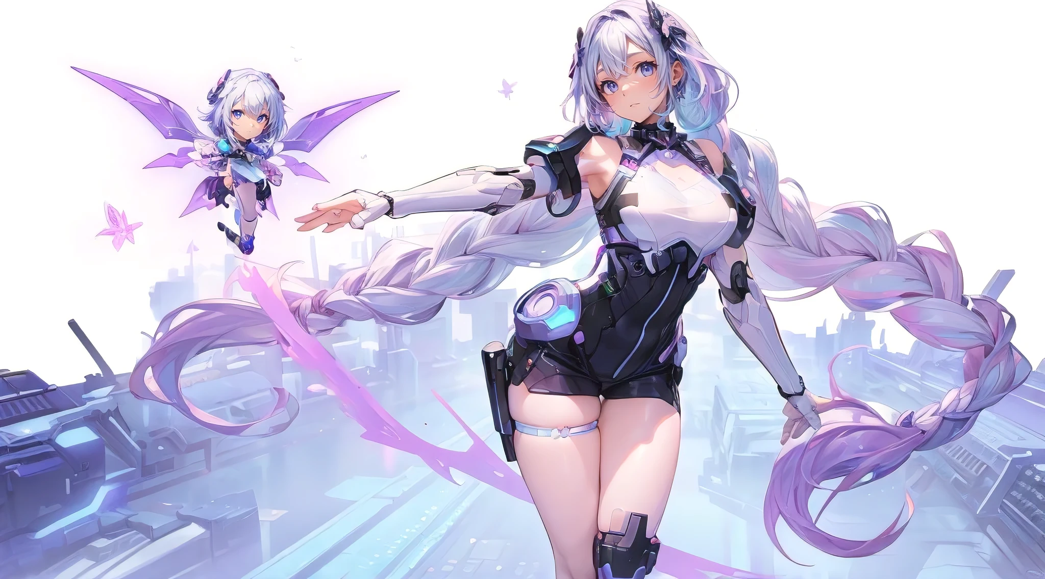 (best quality, ultra-detailed), crypticgirl, standing pose on a digital highway that represents the vast cyberspace, neon lit scenery, with her is a chibi android fairy, detailed mechanical build with wing, braided white hair with purple ombre, flying happily beside her, close-up portrait