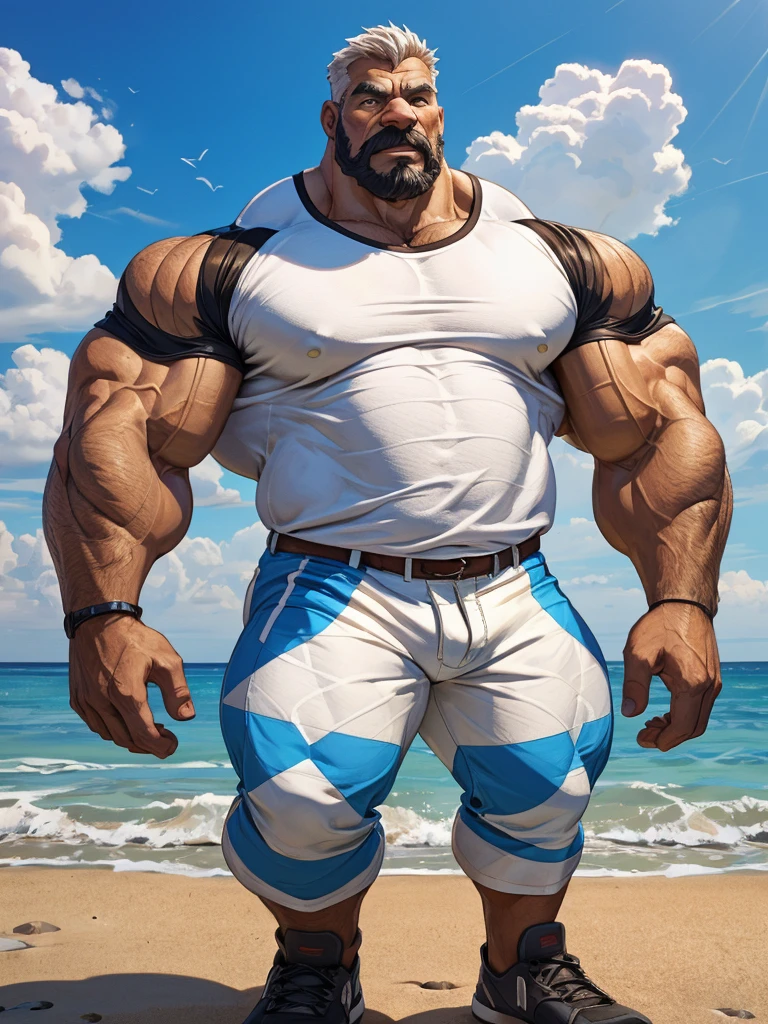 beach, extremely huge muscular, massive muscular, full-body, well-muscled old man in a white shirt. ((extremely muscle size, super thick arms, huge pectoral, extremely wide pectoral , huge arms)).  and add details to make it attractive and interesting. Add textures and details to make the image more realistic, such as the appearance of the shirt texture and the appearance of the skin. Make sure the resulting image is high resolution, 8K quality."