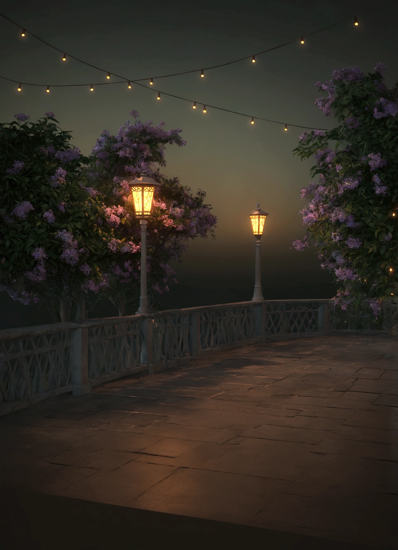 there is a street lamp on the bridge near the water, Volumetric evening lights, cinematic outdoor lighting, fantasy atmospheric lighting, night rendering, 3D rendering even illuminated, with photorealistic lighting, Soft evening lighting, Cinematic Night Lighting, volumetric lighting. fantasy, well lit 3D render, highly detailed ambient lighting, volumetric lighting beautiful, realistic fantasy render, painting, impressionism