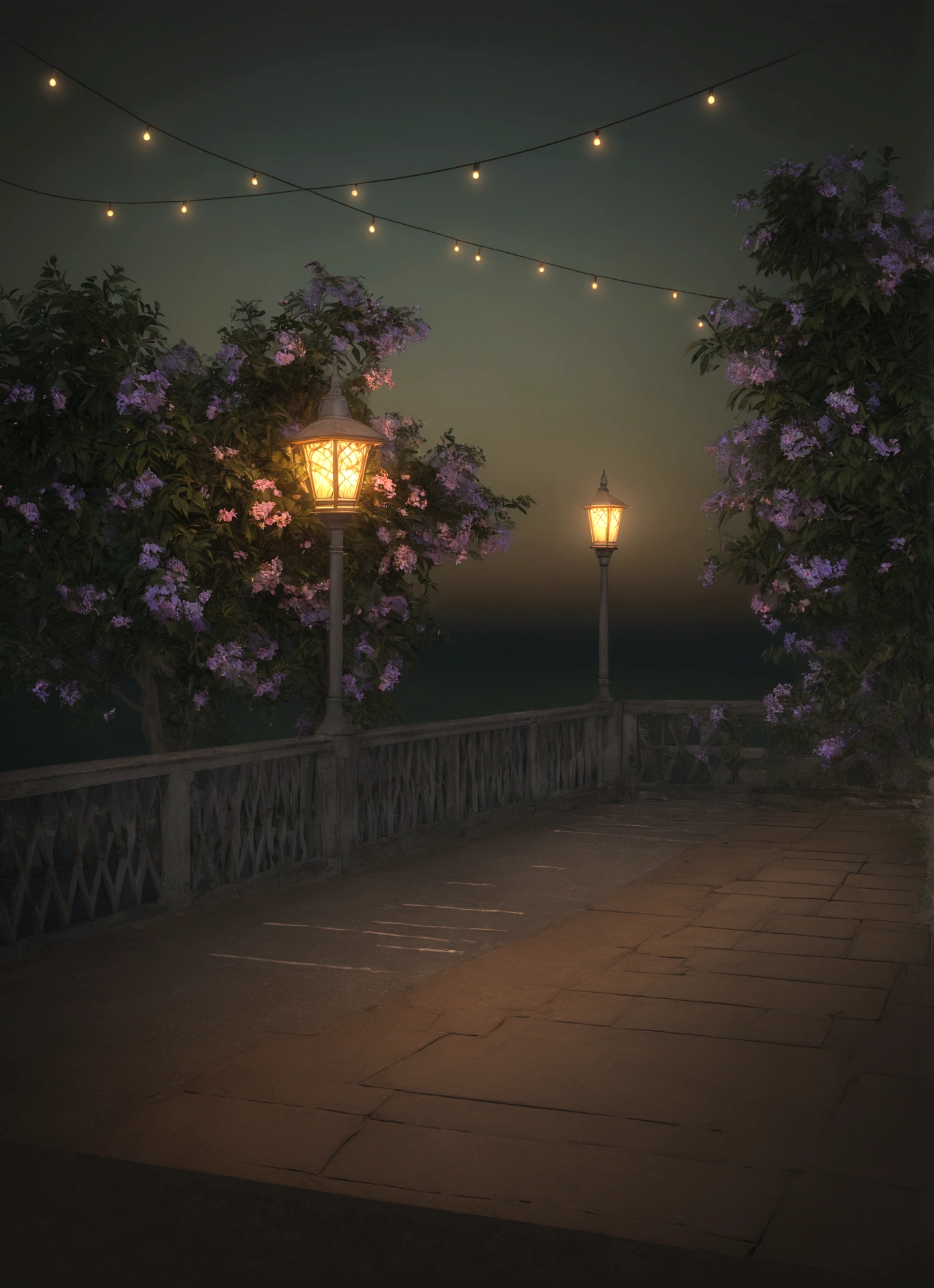 there is a street lamp on the bridge near the water, Volumetric evening lights, cinematic outdoor lighting, fantasy atmospheric lighting, night rendering, 3D rendering even illuminated, with photorealistic lighting, Soft evening lighting, Cinematic Night Lighting, volumetric lighting. fantasy, well lit 3D render, highly detailed ambient lighting, volumetric lighting beautiful, realistic fantasy render, painting, impressionism