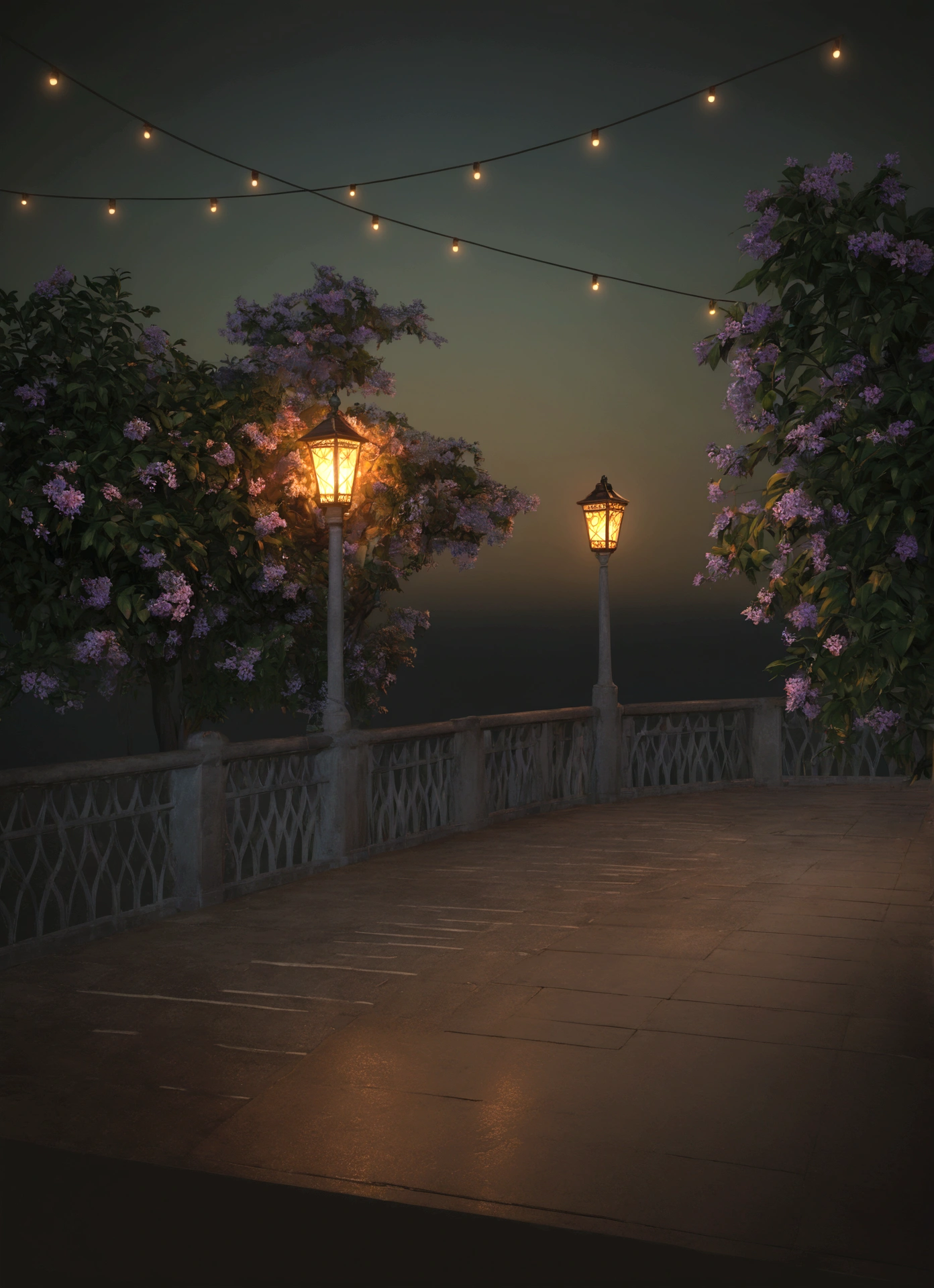 there is a street lamp on the bridge near the water, Volumetric evening lights, cinematic outdoor lighting, fantasy atmospheric lighting, night rendering, 3D rendering even illuminated, with photorealistic lighting, Soft evening lighting, Cinematic Night Lighting, volumetric lighting. fantasy, well lit 3D render, highly detailed ambient lighting, volumetric lighting beautiful, realistic fantasy render, painting, impressionism