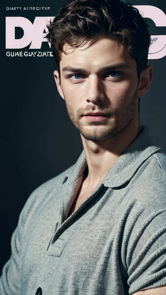 Jamie dornan, (Attitude gay magazine cover:1.4), best quality, masterpiece, very aesthetic, perfect composition, intricate details, ultra-detailed, hard face, handsome, innocence