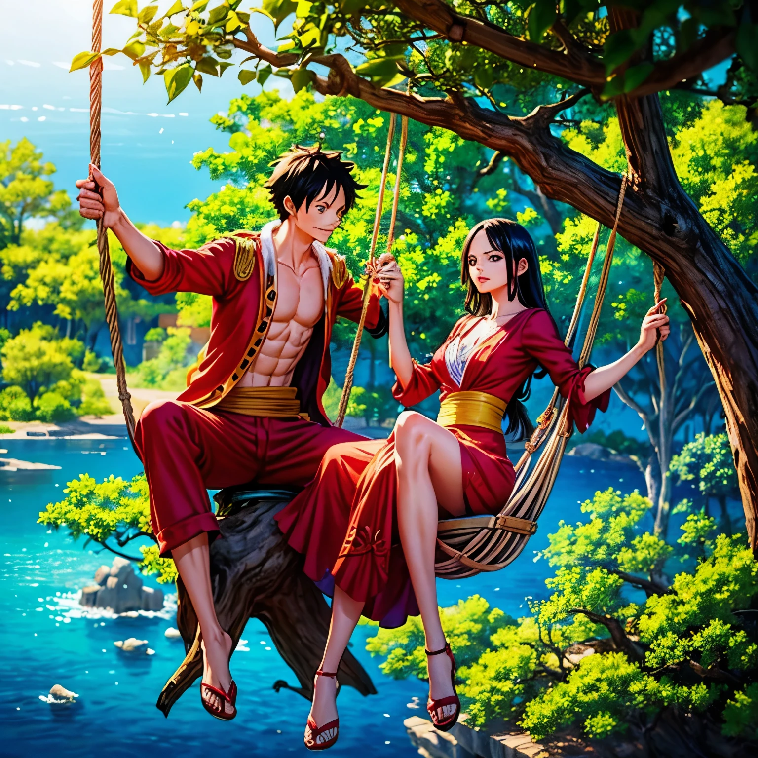 a woman Boa Hancock sitting on a swing next to a man Monkey D Luffy , swing on a tree, by a, swinging on a vine over a chasm, photoshoot, couples portrait, jovana rikalo, hanging from a tree, in a tree, on a tree, sitting on a tree, Onepiece