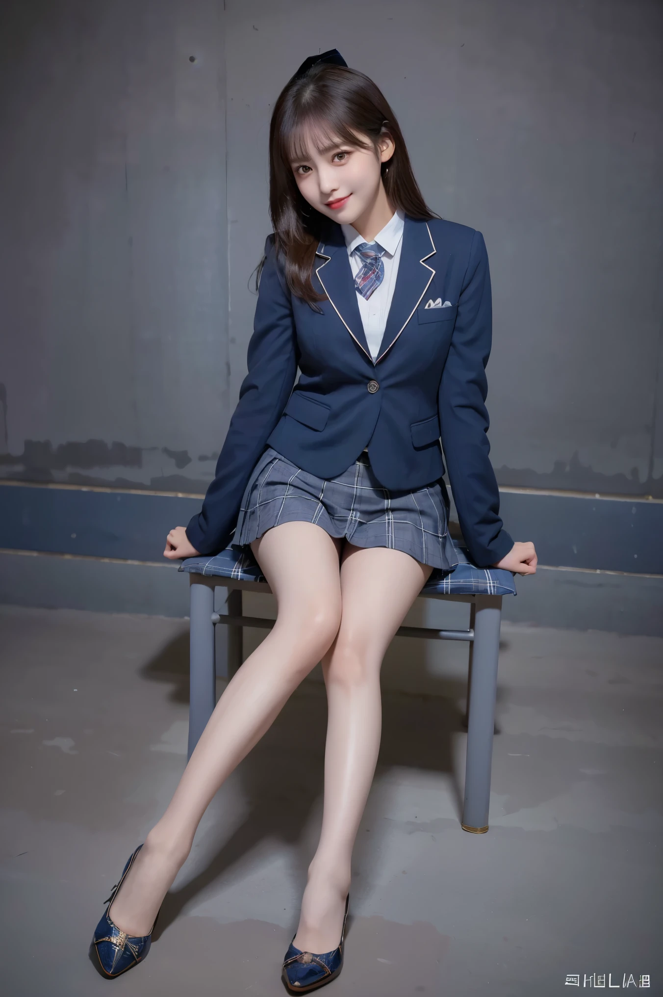 (8k), (highest quality: 1.2), (Realistic), (Realistic: 1.37), Ultra-high resolution, (1 girl), cute, blush,Embarrassed smile, Beautiful details, Beautiful Nose, straight Hair, Giant Dulcefo, pork, Thick thighs,Self Snap,University Uniforms,(A simple dark blue blazer:1.4),(Pleated skirt:1.2),(The skirt and tie are gray tartan check pattern.:1.3),(Sitting:1), Sit on the ground,(Hold my feet:1),(Shiny legs:1.2),from the front,knees