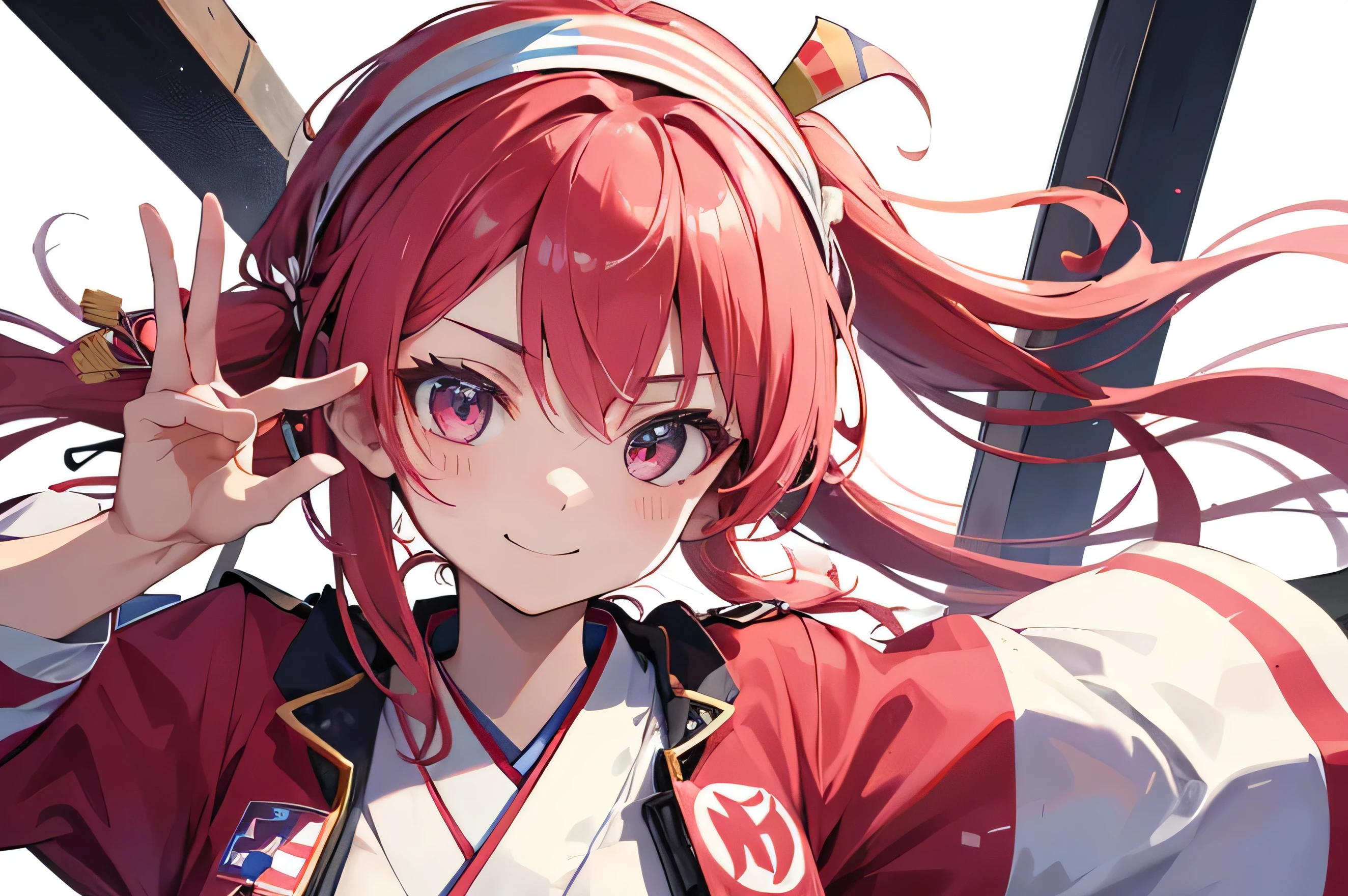 A headband with the Japanese flag on it、Active women、Pink happi coat、smile、Red Hair、No background、Dynamic Angle、Upper Body