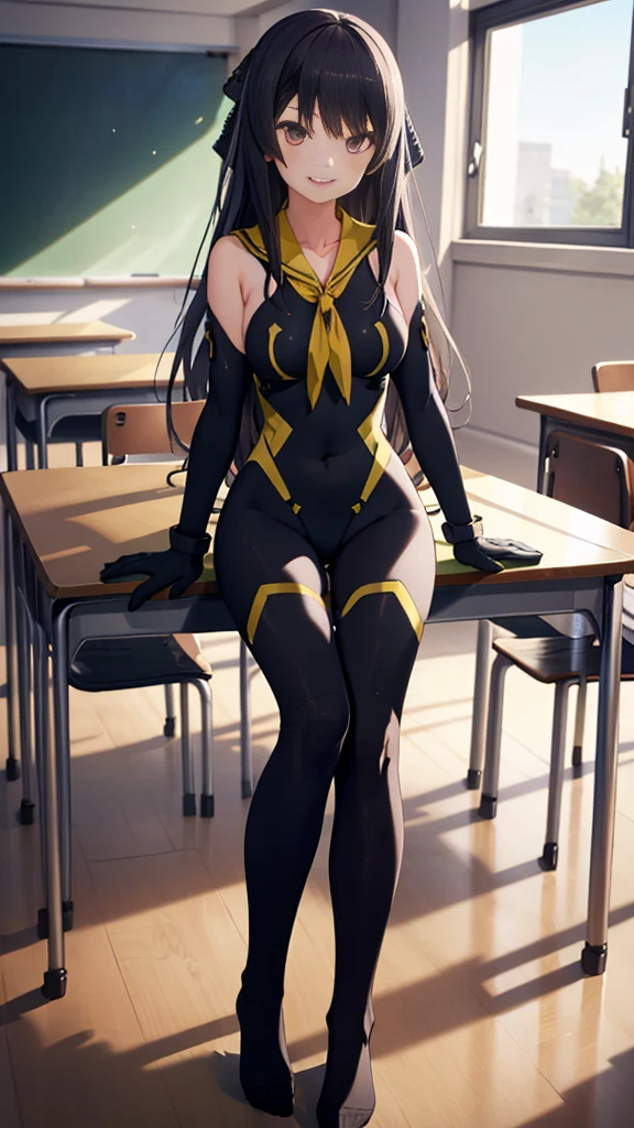 (full body),masterpiece, highest quality, High resolution, 体に張り付く全身Bodysuits,misakiao, One Girl, alone, Hair Ribbon, Bodysuits, gloves, Removable sleeves, Wide sleeves, One Girl, alone, Cowboy Shot,Sitting, classroom, Place your hands on the table,sit,smile,