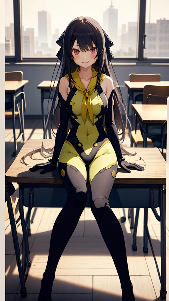 (full body),masterpiece, highest quality, High resolution, 体に張り付く全身Bodysuits,misakiao, One Girl, alone, Hair Ribbon, Bodysuits, gloves, Removable sleeves, Wide sleeves, One Girl, alone, Cowboy Shot,Sitting, classroom, Place your hands on the table,sit,smile,