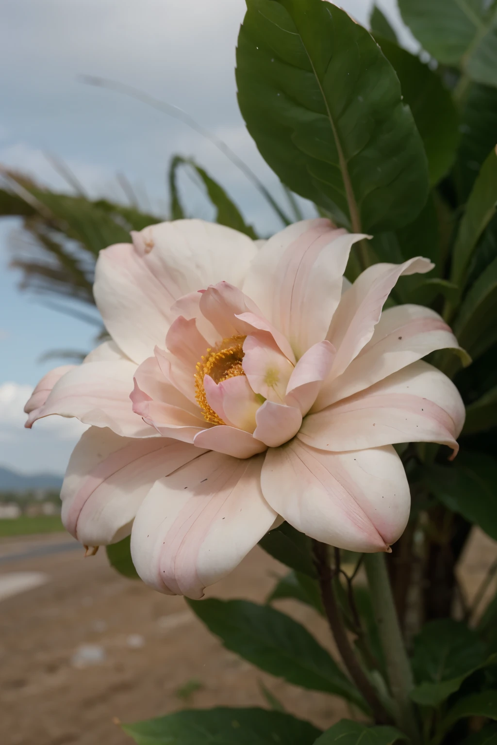 A background showing a transition from one side to the other: en un lado una flor dentro de un invernadero, intacta y pura; en el otro lado, la misma flor expuesta al viento y comenzando a desintegrarse.