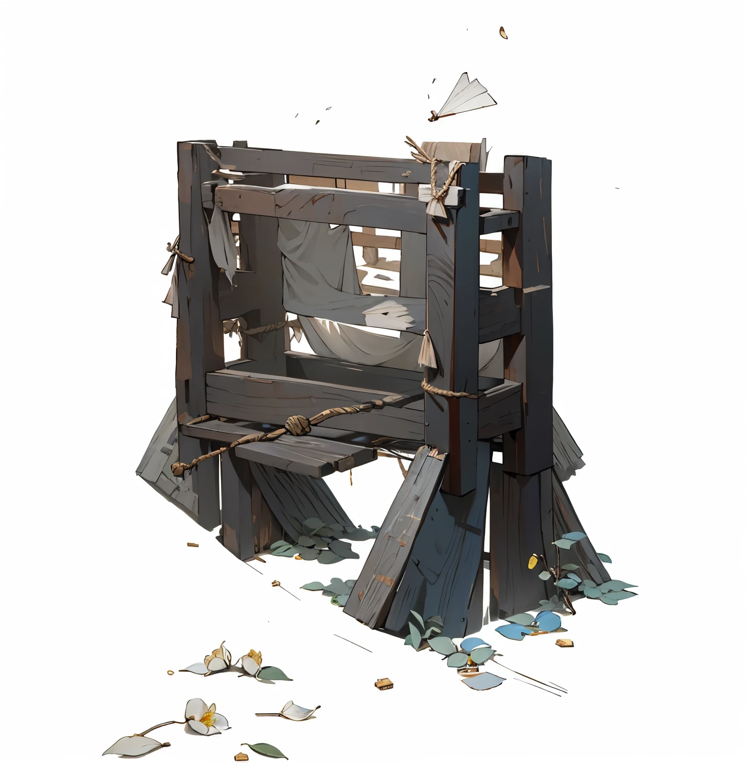 high quality, ,Meticulous portrayal,Clear structure,Clear structure的,Precise construction,,Wooden rack,Leaves,Broken wooden frame,rope