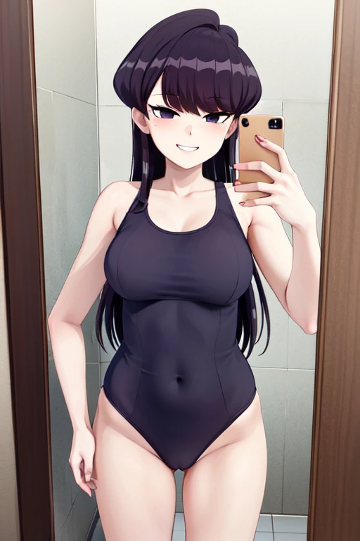 masterpiece, best quality, 1girl, solo, komi-san wa komyushou desu , black swimsuit:1.2, looking at viewer, bathroom:1.2, grin smile:1.3, teeth, standing:1.2, selfie in mirror:1.3,