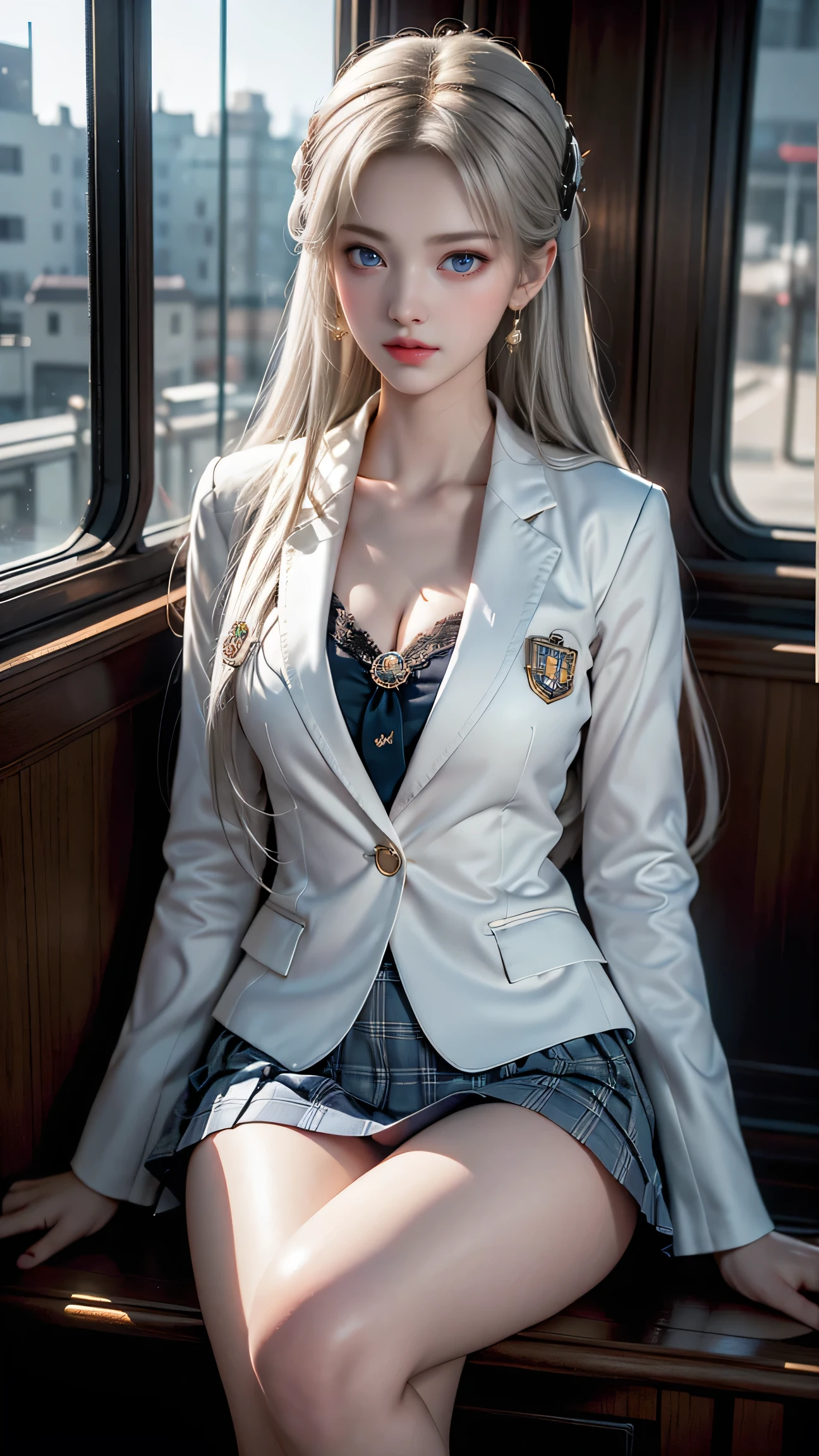 (Girl sitting on a train seat)、Top quality work、Actual work、Ultra Premium Graphics、8K HD CG Works、High Quality Graphics、High resolution CG work、10x pixels、Extremely fine detail:1.1、Advanced technical details:1.1 Photorealistic、Natural light:1.5。Light effects(Virtual Light Effects:1.8)、長いSilver Hair、Silver Hair、Transparent Hair、Hair with attention to detail(Premium Hair Detail:1.1)Clear Eyes、Beautiful double eyelids、Sharp eye make up、Delicate eyelash makeup、Thin eyebrows、Highly detailed eyes、High nose、Nice red lips、Rose Cheeks、Subtle makeup face、Cute face、Perfectly Proportioned Face、(Advanced Face Detail:1.1)、girl、Like a fairy in a painting、slim and sexy legs、A beautiful face is beautiful and delicate、Like a finely carved piece of jade、It shows patience and wisdom。The nose is straight,Cherry Lip Color、Her face is clear,Her skin is as white as jade,Gives a healthy glow,Her makeup is light and subtle,Not too decorative,A light-toned foundation enhances the clarity of your skin.,eye make up:Eyeshadow and eyeliner,Make her eyes bright and cheerful、Adds a touch of glamour and sophistication,((High school girl))、((White blazer、Chest Emblem))、(White blouse)、(Red tie)、(Navy blue checked skirt)、(I can see her white panties)、Her hair is casually tied back,Fixed with hosta,A few strands of hair are swaying gently in the wind,Add a little softness、It charmed everyone.、Elegance、Mystery、Powerful、（Shot from below)、(Hold up the skirt),（Lift-up skirt)、