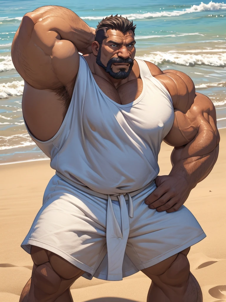 beach, extremely huge muscular, massive muscular, full-body, well-muscled old man in a white shirt and showing back muscle. ((extremely muscle size, super thick arms, huge back, extremely wide back and shoulder , huge arms)).  and add details to make it attractive and interesting. Add textures and details to make the image more realistic, such as the appearance of the shirt texture and the appearance of the skin. Make sure the resulting image is high resolution, 8K quality."