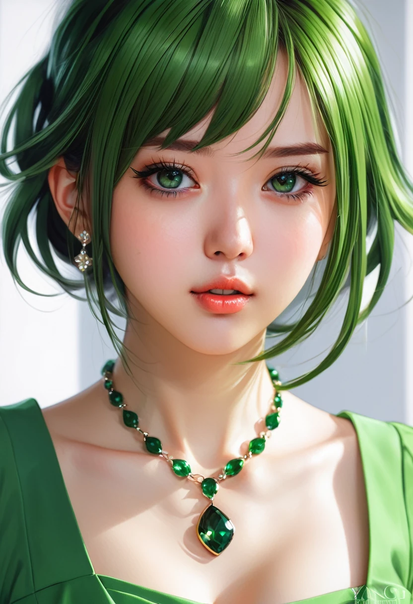a close up of a woman with a green dress and a necklace, artwork in the style of guweiz, realistic anime 3 d style, beautiful anime portrait, anime realism style, detailed portrait of anime girl, beautiful character painting, by Yang J, stunning anime face portrait, realistic anime artstyle, portrait of an anime girl, beautiful anime style