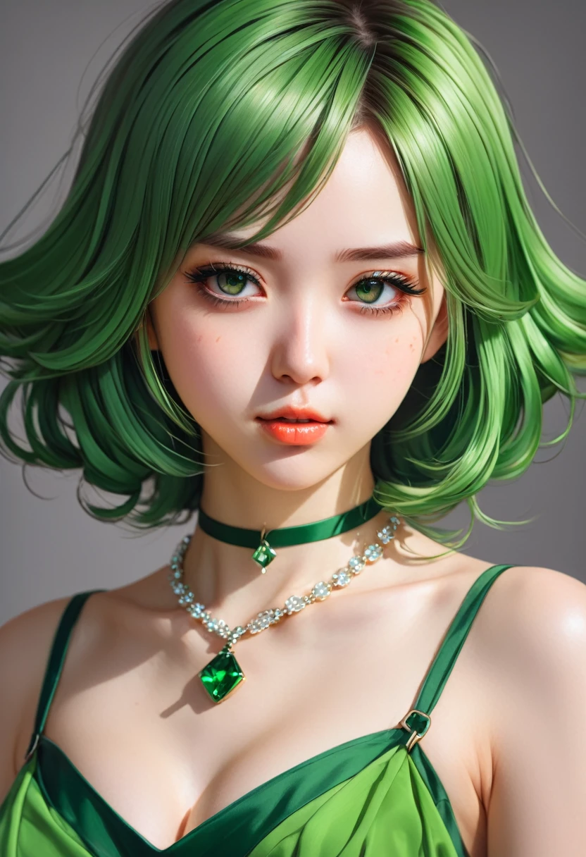 a close up of a woman with a green dress and a necklace, artwork in the style of guweiz, realistic anime 3 d style, beautiful anime portrait, anime realism style, detailed portrait of anime girl, beautiful character painting, by Yang J, stunning anime face portrait, realistic anime artstyle, portrait of an anime girl, beautiful anime style