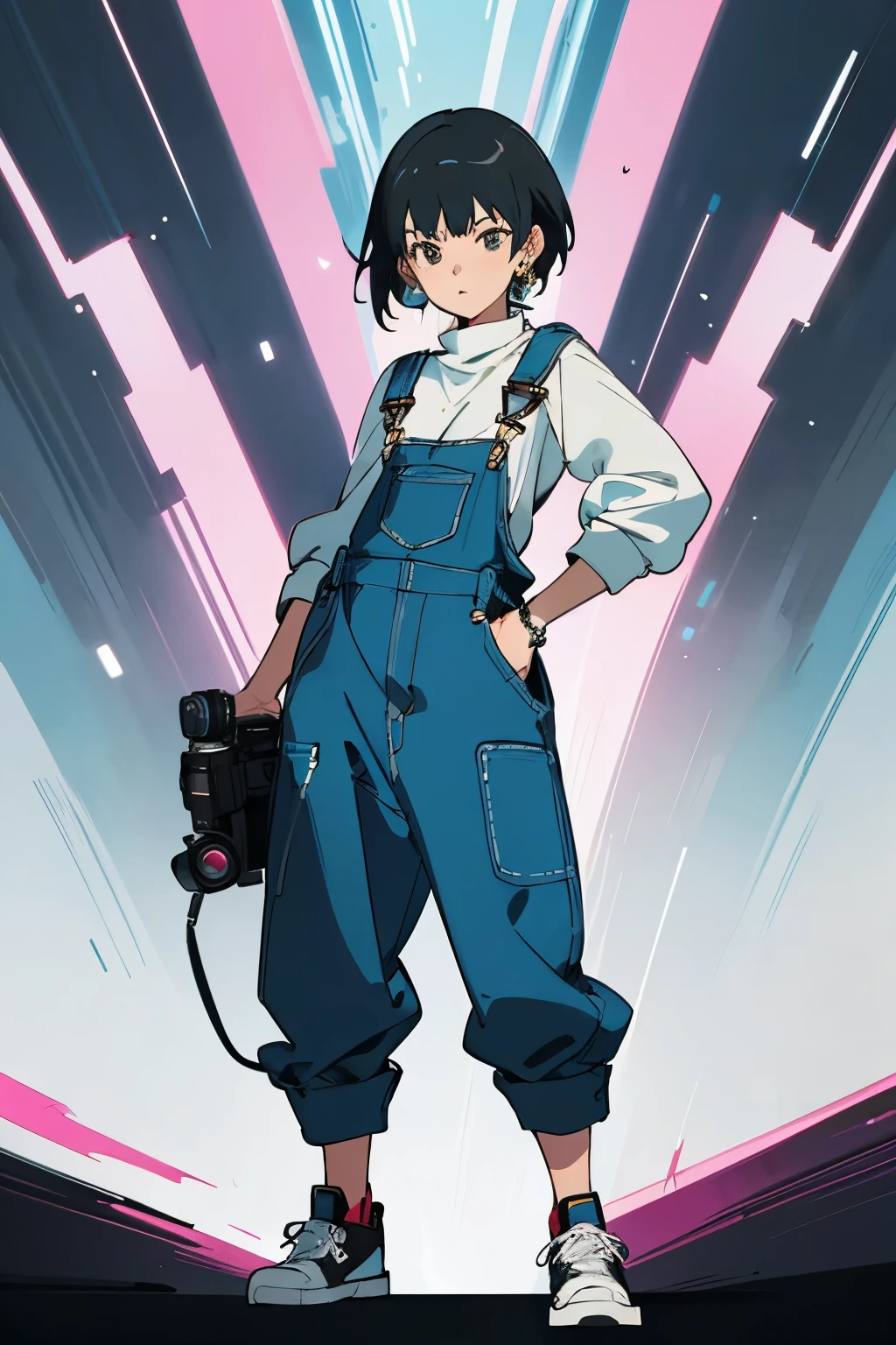 Girl character in the style of anime of the 70-80s.
The girl is standing in overalls, ring earrings in her ears, the girl has an athletic build, sleeves rolled up to the elbow, sneakers on her feet. Short haircut, snub nose.
/imagine prompt: detailed, many details, symmetry, extremely detailed, full of detail, wide range of colors, dramatic, dynamic, cinematic, sharp detail, insane quality. crazy resolution. insane detail. masterpiece. resolution 32k.the camera movement is smooth, objects maintain their proportions, dslr, gopro:: hyperrealism::1 backlight::1 blacklight::1 --v 4