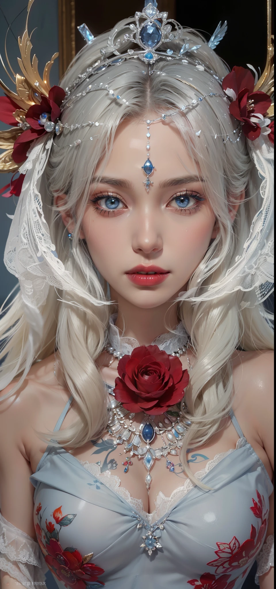 Super detailed, Delicate face, Realistic style, Stock Photography , rich and colorful, Surrealism, Realistic textures, Dramatic Lighting, Thin Film Distiller 800 (8K, original photo, Better quality, masterpiece: 1.2), Super detailed, (Extremely delicate skin: 1.2), 8K Ultra HD, SLR camera, Soft Light, high quality,Snow Queen,ice castle,Blue pupils,Apply red lipstick,Tattoo goddess,With tattoo pattern,Ultra-clear portrait,Wearing necklace jewelry,apply lipstick,Wear heavy makeup,The facial texture is very clear,Beautiful tattoos on the body,Deep blue eyes(Sapphire-like pupils),A crown of luxury,Diamond necklace,Tattoos are exposed,Lace print dress,Magical girl,