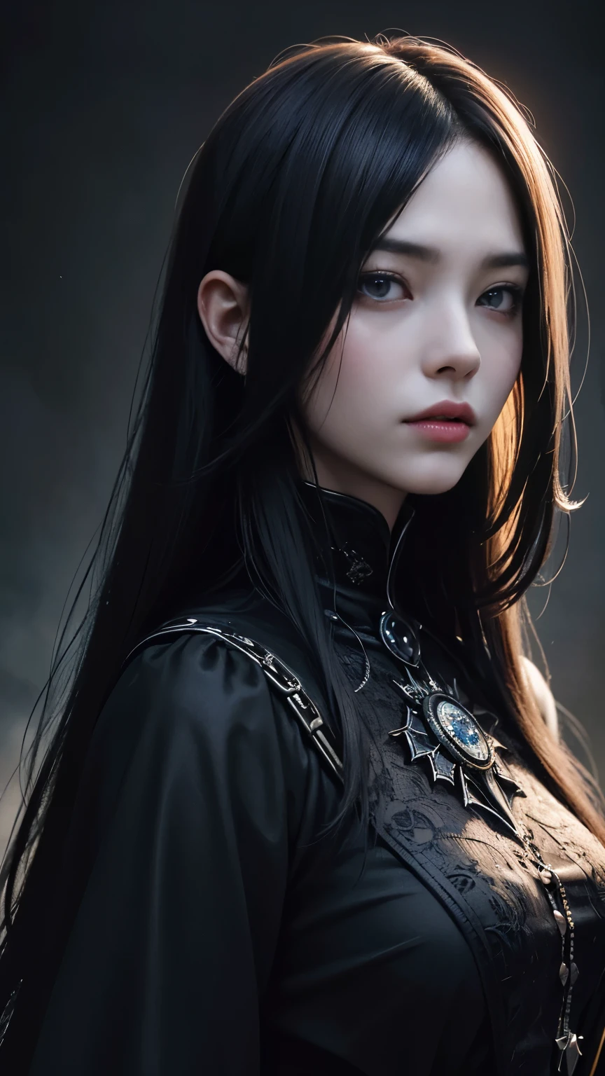 (highest quality,4K,8k,High resolution,masterpiece:1.2),Super detailed,(Realistic,photoRealistic,photo-Realistic:1.37), Close-up of a woman with dark hair and a black dress, in style of Dark Fantasy Art, Dark fantasy art, A beautiful and elegant demon queen, Dark Fantasy Art, fantasy dark art, Dark fantasy digital art, Gothicファンタジーアート, Gothicの闇の乙女, Cthulhu,Detailed Texture,Spooky creatures,an ominous雰囲気,Mythical,cosmic Horror,darkness,Mysterious,Dark aesthetic,Fog Background,Eyes of another world,Ancient Gods,Monstrous,Powerful,Tentacles,Pitch black blackness,Majestic,Unfathomable depth,Nightmare,The existence of the universe,an ominous存在,seeping darknesss,Secrets of the Universe,That's horrible,It was chaotic.,Eldritch,Horror,That's horrible,Mysterious,Abysmal,Empty,Powerful wings,Lovecraft,abstract Horror、Punisher, Nightmare Before Christmas style, (masterpiece, highest quality), (Perfect hands), (超Realistic:1.6), (Detailed face), (Award-winning), (sharp), (8K resolution), (Cinema Lighting), color: Dark and gloomy, (Ghostly), (intense expression), (Detailed skull emblem), (Spooky atmosphere), (Cartoon-like atmosphere),(Grainy), (Dramatic Shadows), (Dynamic pose), (an ominous雰囲気), (Artistically expressed), (an ominous), (Fascinating), (Gothic), (Mysterious設定), (Moody color palette), (Skillfully drawn), (Feelings of anxiety), (Intricate details), (an ominous smile), (an ominous), (Fascinating eyes), (Horror要素), (Fascinating composition), (Impressive anatomy),(Striking contrast), (an ominous mood), (Exquisite craftsmanship), (Interesting character designs)、Dark Fantasy Portrait, Portrait of the Dark Goddess, Dark Fantasy Nymph Portrait