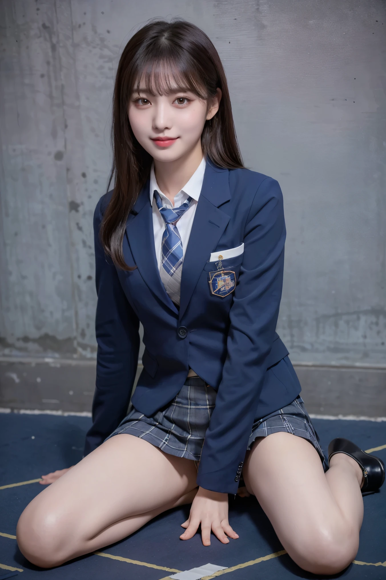 (8k), (highest quality: 1.2), (Realistic), (Realistic: 1.37), Ultra-high resolution, (1 girl), cute, blush,Embarrassed smile, Beautiful details, Beautiful Nose, straight Hair, Giant Dulcefo, pork, Thighs，Self Snap,University Uniforms,(A simple dark blue blazer:1.4),(Pleated skirt:1.2),(The skirt and tie are gray tartan check pattern.:1.3),(Sitting:1), Sit on the ground,(Hold my feet:1),(Shiny legs:1.2),from the front,knees