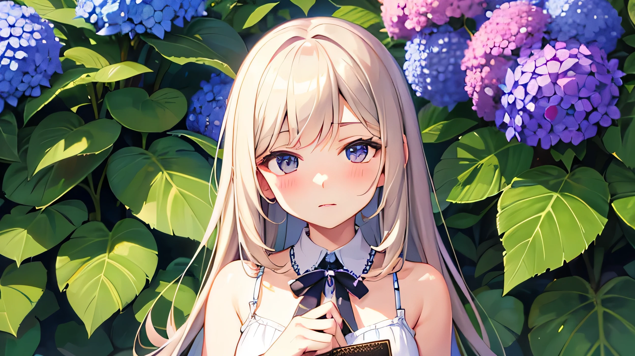 Please draw a picture of hydrangeas and a girl.
