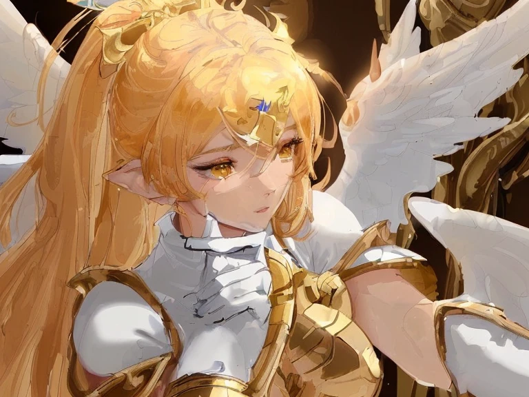 ((best quality)), ((masterpiece)), (detailed), Perfect body,Close-up of a woman in a white and gold costume with wings, Angel Gold Armor, majestic angel, angel knight girl, Final Fantasy Tactics Characters, mystical atlantean valkyrie, as a Mysterious Valkyrie, Blazing Angel, Maple Leaf Story Character Art, With blazing golden wings, White Wings, April renderings, Mysterious Valkyrie, Close-up of a woman wearing a golden costume with wings, Concept art inspired by PwC, pixiv, Baroque, Angel Gold Armor, majestic angel, angel knight girl, Final Fantasy Tactics Characters, mystical atlantean valkyrie, as a Mysterious Valkyrie, Blazing Angel, Maple Leaf Story Character Art, With blazing golden wings, Golden Wings, Battle with orcs