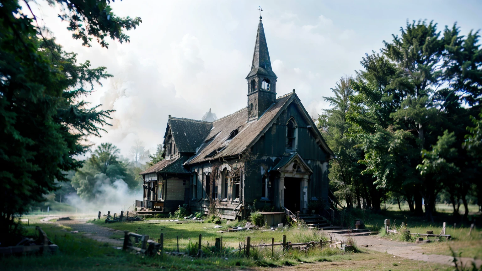 A photograph of an abandoned church in the middle of a forest with lots of fog and trees.
