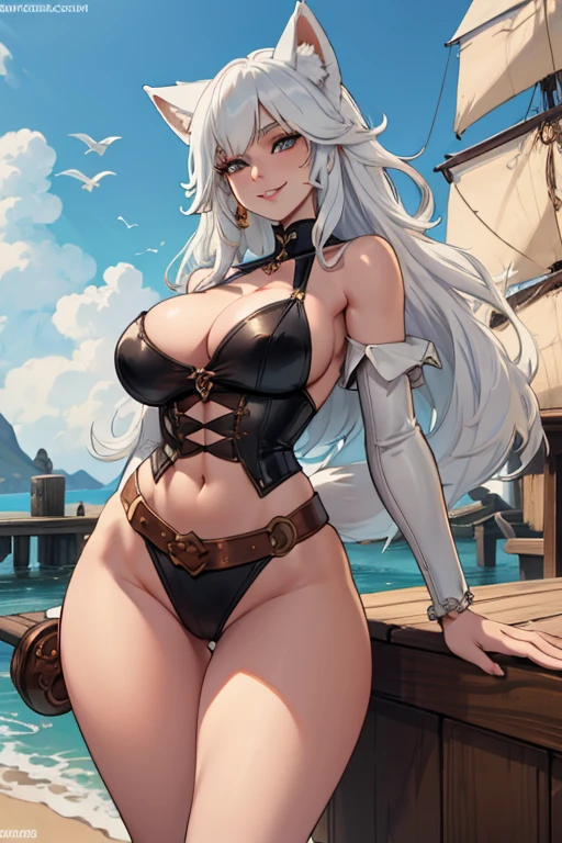 A young white haired fox woman with copper eyes and an hourglass figure and white fox ears and a white foxy tail in a pirate outfit is posing on a dock with a big smile on a pirate island