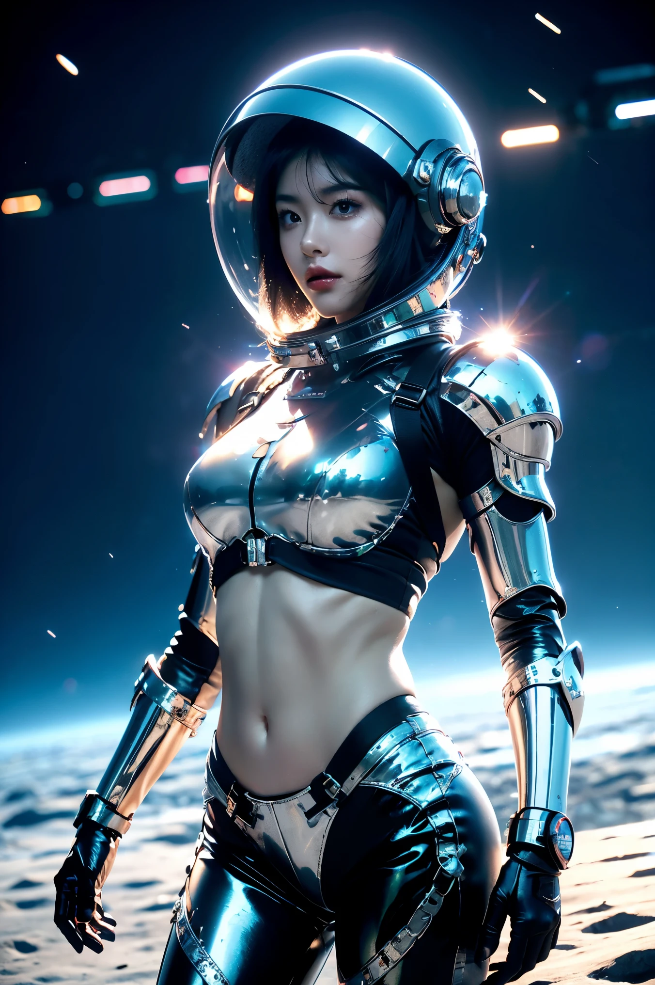 a girl in spacesuit, fully exposed midriff, bare waist,cowboy-shot, in outer space, desolate alien planet, transparen space-helmet,Transparent full-face helmet ,((bikini top)),((metal Bikini armor)), sexy exposed midriff, full metallic armor, bare midriff and waist, open abdomen, fully exposed abdomen, cowboy-shot, realistic, photorealistic, high quality, 8k, extremely detailed, masterpiece, dynamic pose, dramatic lighting, cinematic, sci-fi, futuristic, vibrant colors