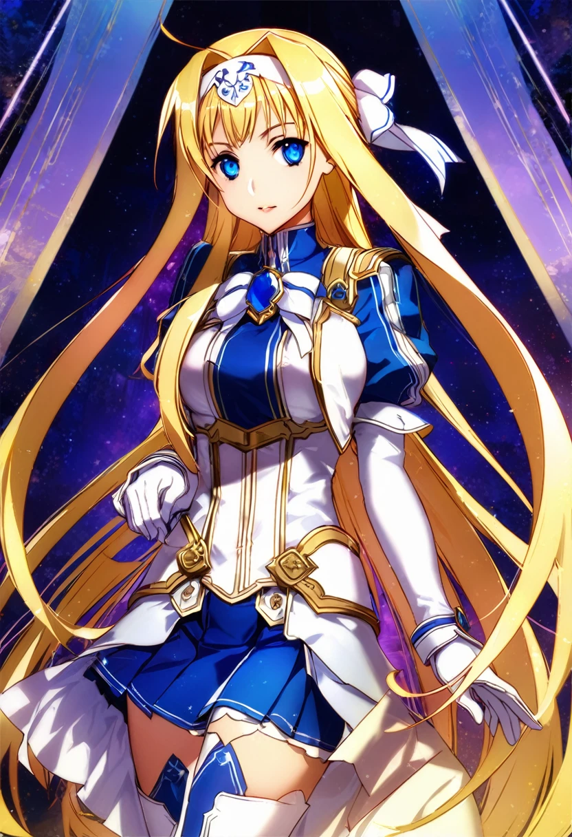 highest quality、unity 8k wallpaper、32k、masterpiece、Very detailed、Ultra-high resolution、Very detailedな顔、RAW Photos、Professional、Ultra-fine painting、Magical Integrity Knight Alice Synthesis Thirty、alice zuberg、Blonde Long Hair、White headband、White Hair Ribbon、White ribbon with a large sapphire brooch、Blue pleated skirt、Blue and white long gloves、Blue and white thigh-high stiletto boots with gold moulding、Full Body Shot、