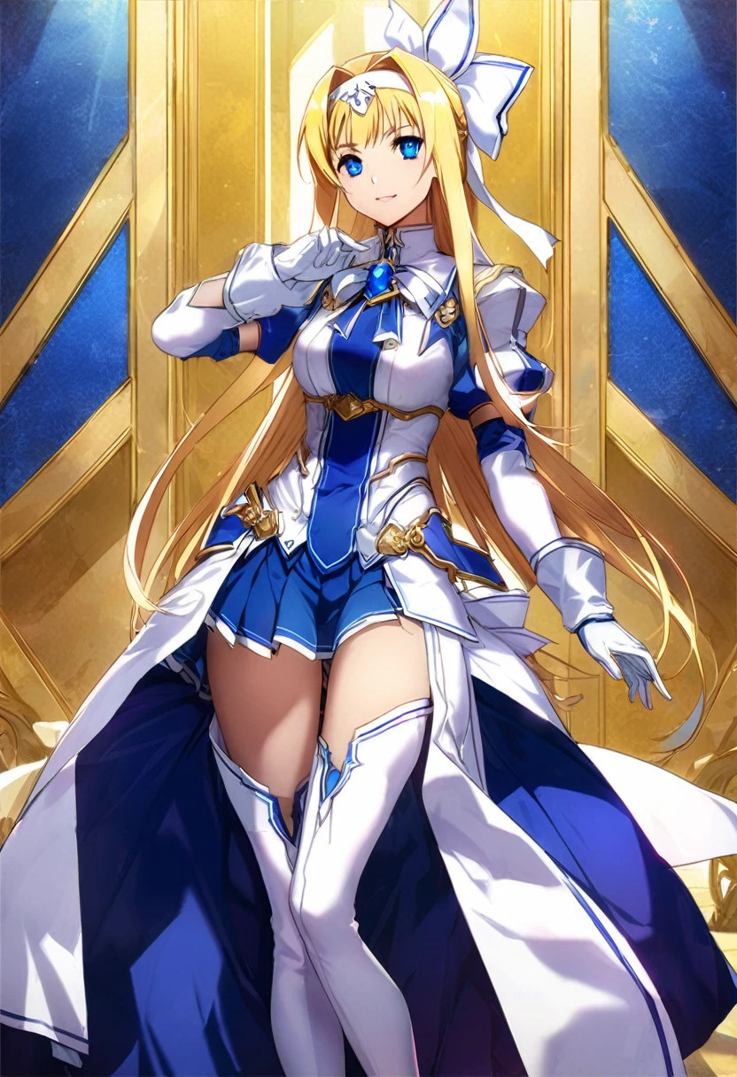 highest quality、unity 8k wallpaper、32k、masterpiece、Very detailed、Ultra-high resolution、Very detailedな顔、RAW Photos、Professional、Ultra-fine painting、Magical Integrity Knight Alice Synthesis Thirty、alice zuberg、Blonde Long Hair、White headband、White Hair Ribbon、White ribbon with a large sapphire brooch、Blue pleated skirt、Blue and white long gloves、Blue and white thigh-high stiletto boots with gold moulding、Full Body Shot、