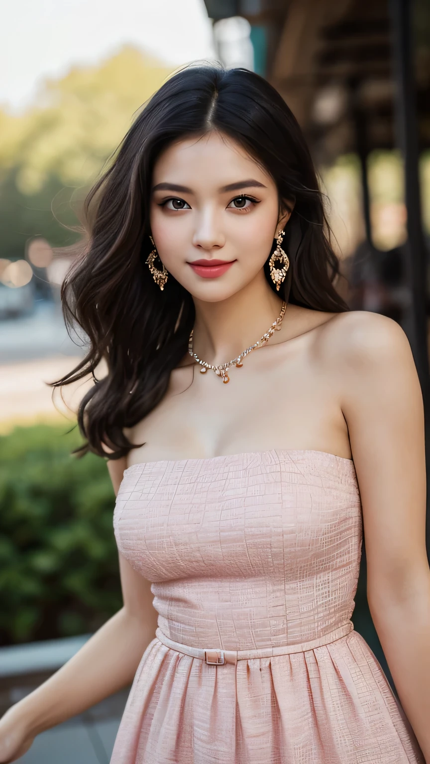 (Ultra-detailed eyes), (((textile shading))), (((Best Quality))), (((masterpiece))), (((Ultra realistic))), fat, sassy girl, black long hair, black long hair, black long hair, cute hairstyle, ((gorgeous hair)), smile, smile, smile(((cute style, look cute and chic. Vintage strapless dress in pink, y2k))), ((striking a pose)), (((realistic))) (gorgeous, sassy, it girl), fancy jewelry, disco party, sparkling party on background, natural light, cute vibe, party background, strong atmosphere,, cowboy shot, midshot, centered image, eye on camera, front look