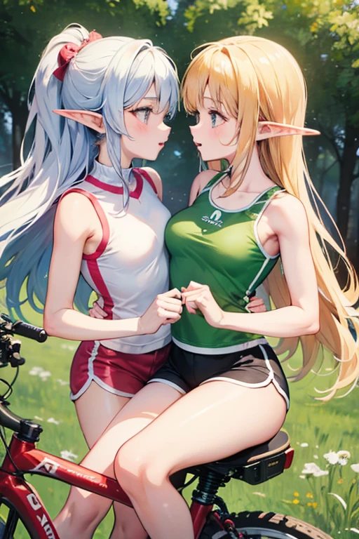 Two elf cute anime girls kiss while sitting on gym cycle saddle cushion, dolphin shorts,