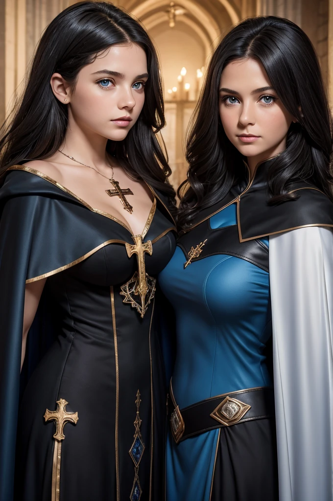 mother and daughter portrait, break: daughter teenager(1.3), 13 years old, very small breats, black hair , blue eyes, detailed face, angelical face, dress with cape, desing with christian cross, cleavage ,soft lesbian, break: mature mother, middle-age, long black hair, blue eyes, detailed face, beautiful face,cleavage, curvys, tall, chubby, dress with cape, desing with christian cross break: background in cold castle
