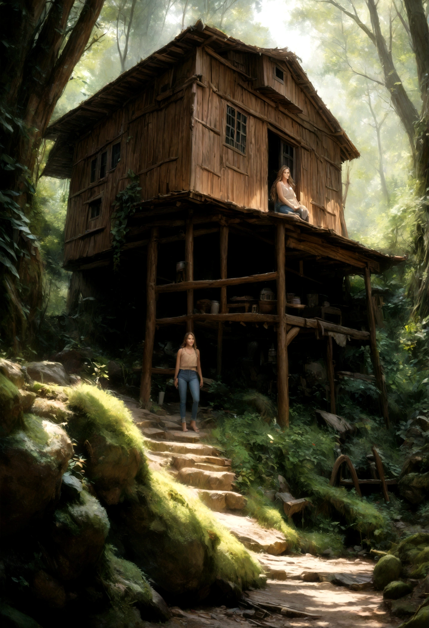 A woman in jeans and a woolen blouse, standing outside a small house in the forest, half-focused angle, oval face, brown eyes, long hair, (best quality,4k,8k,highres,masterpiece:1.2),ultra-detailed,(realistic,photorealistic,photo-realistic:1.37),natural lighting,warm color tones,cozy forest environment,intricate details,beautiful scenery,cinematic composition