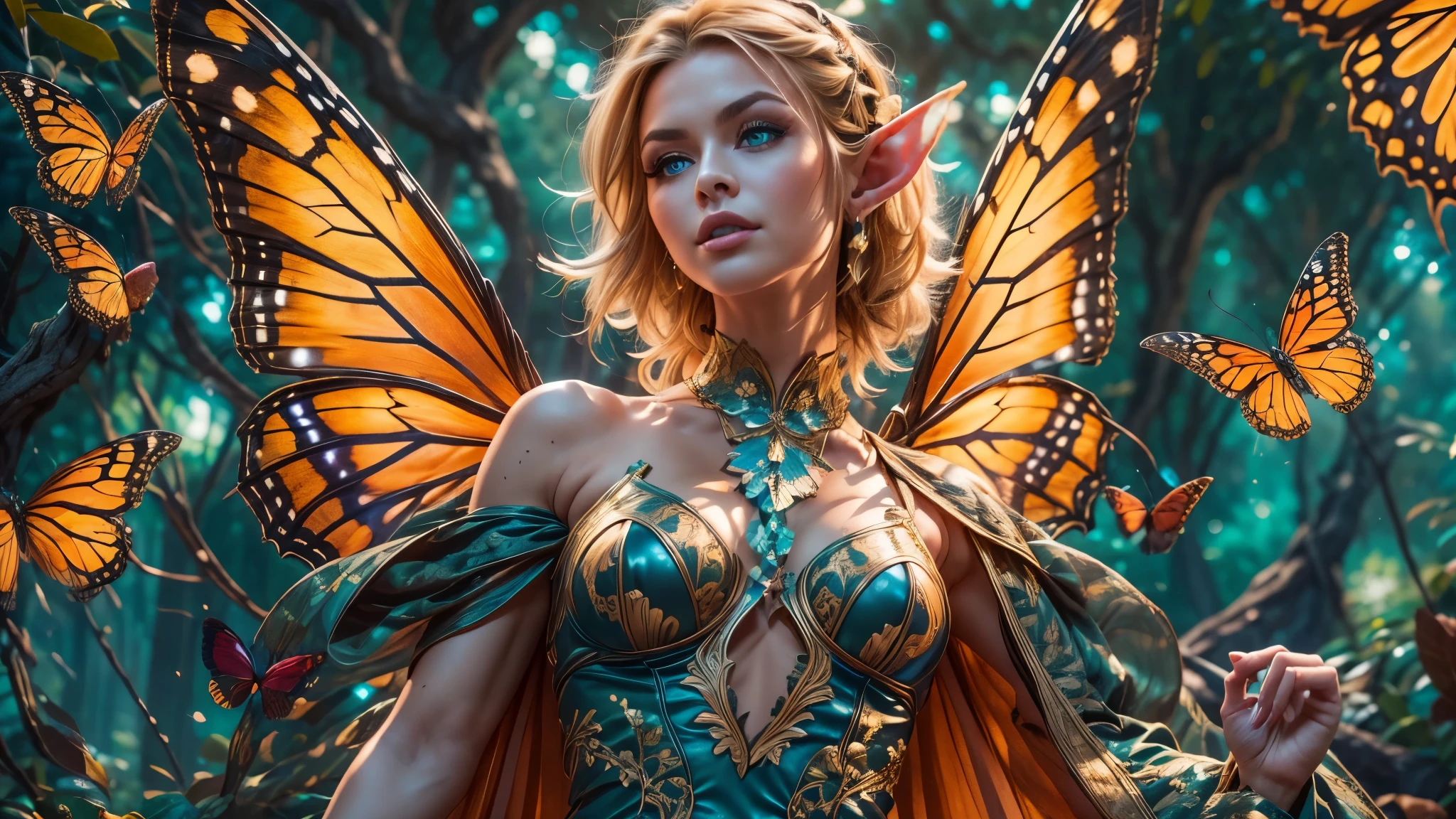 Beautiful woman, elf ears, flying, massive monarch butterfly wings, glowing blue eyes, detailed proportional hands, proportional body, firm breast, frank Frazzetta painting style, (Best Quality:1.4), (Ultra-detailed), (extremely detailed CG unified 8k wallpaper), Highly detailed, RAW Photos, Professional Photography, plein air, Illumination, (Super fancy photos:1.4), (Dazzling light), Radiant Photography, depth of fields