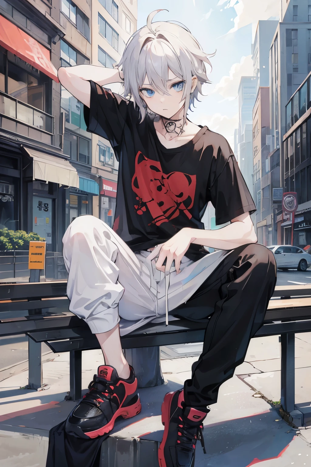 anime male sitting on a bench in a city street, anime style 8k, high quality anime art style, short brown hair, blue eyes, black and white t shirt, sitting, hair slightly covering eye, hair nose level, demon slayer style, pants, messy hair, hip hop clothes, emo, tattoo, older,