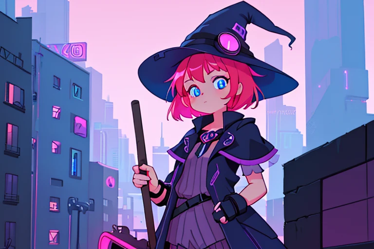 High resolution,high quality,Perfect body,Perfect Face,Perfect Fingers,1girl,cyberpunk building city,Dark colored building,Pink neon,Light blue neon,Witch on a broom,Red Hair,Short Hair,Purple clothes,Blue Eyes,Shining Eyes,purple witch hat,looking at the camera