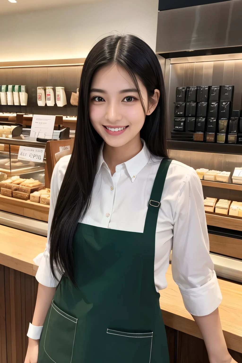 Black Hair　Smooth Long Hair　22 years old　Double　Double teeth　smile　refreshing　Shy　Natural Makeup　Ultra-realistic　Ribbed knit with Starbucks apron　skinny pants　mole　Starbucks store clerk　　She&#39;s making coffee　Healthy Style