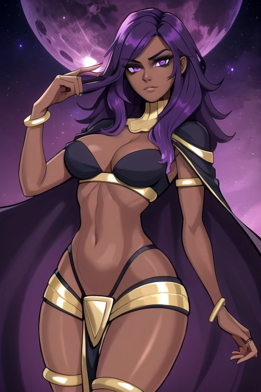 (best quality:1.3), (4K quality), (Detailed face:1.2), (Detailed eyes:1.2), solo, 1girl, 25 year old woman, darkmage, (dark skin:1.2), purple hair, wavy hair, long hair, purple eyes, mascaras, purple eyeshadow, medium breasts, waist, slender legs, attractive body, slim figure, perfect shape, wide hips, cleavage, standing, bodystocking, hands glowing with purple magic, purple aurora's, mature female, fantasy based setting, fortress, darkness, dark, night, night sky, moon